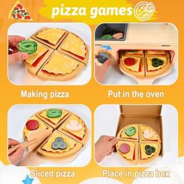 Wooderma 50 Pcs Wooden Pizza Toy, Montessori Pretend Play Toys, Wooden Pizza Counter Playset with Bake Oven, Play Food and Accessories, Cooking Pretend Play Toys for Boys Girls Age 3+