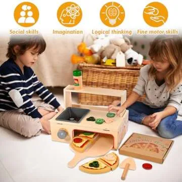 Wooderma 50 Pcs Wooden Pizza Toy, Montessori Pretend Play Toys, Wooden Pizza Counter Playset with Bake Oven, Play Food and Accessories, Cooking Pretend Play Toys for Boys Girls Age 3+