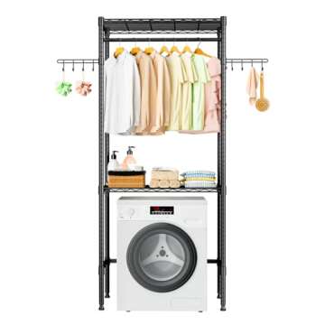 Memobarco Over Washer and Dryer Shelves, 2 Tiers Metal Clothes Drying Rack, Laundry Room Bathroom Organization, Space Saving Freestanding Closet Organizer Storage with Wire Shelves Side Hooks, Black