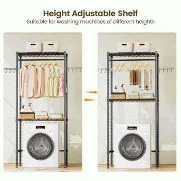 Memobarco Over Washer and Dryer Shelves, 2 Tiers Metal Clothes Drying Rack, Laundry Room Bathroom Organization, Space Saving Freestanding Closet Organizer Storage with Wire Shelves Side Hooks, Black