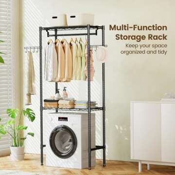 Memobarco Over Washer and Dryer Shelves, 2 Tiers Metal Clothes Drying Rack, Laundry Room Bathroom Organization, Space Saving Freestanding Closet Organizer Storage with Wire Shelves Side Hooks, Black