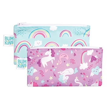 Bumkins Reusable Snack Bags: Eco-Friendly for School and Travel, 2-pack Unicorns/Rainbows