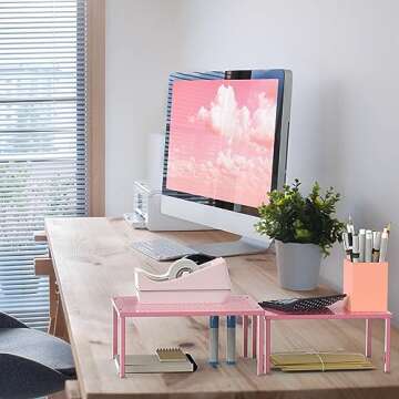 Simple Houseware Expandable Stackable Kitchen Counter Shelf Organizer, Pink, Metal Top, 11.25 in L x 7.9 in W x 5.4 in H