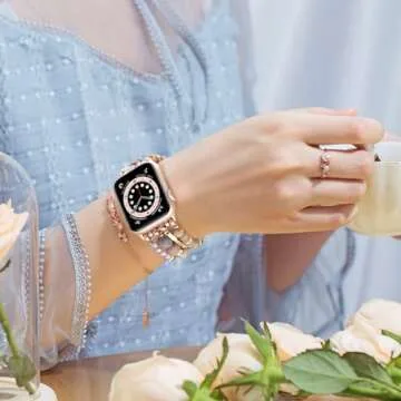 VISOOM Beaded Boho Bracelet Compatible for Apple Watch Band 42mm/44mm/45mm Series 9 8 7 SE Series 6/5/4 Women Fashion Cute Handmade Crystal Beads Stretchy Watch Strap for iWatch Bands Series 3/2/1