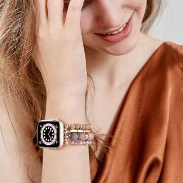 VISOOM Beaded Boho Bracelet Compatible for Apple Watch Band 42mm/44mm/45mm Series 9 8 7 SE Series 6/5/4 Women Fashion Cute Handmade Crystal Beads Stretchy Watch Strap for iWatch Bands Series 3/2/1