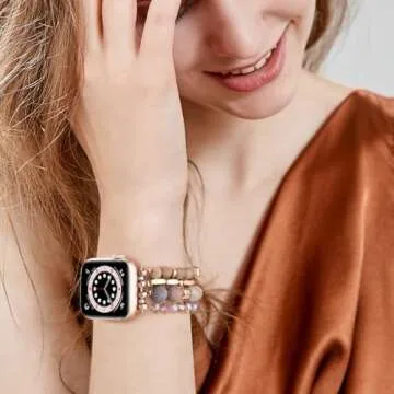 VISOOM Beaded Boho Bracelet Compatible for Apple Watch Band 42mm/44mm/45mm Series 9 8 7 SE Series 6/5/4 Women Fashion Cute Handmade Crystal Beads Stretchy Watch Strap for iWatch Bands Series 3/2/1