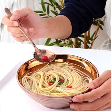 Ramen Noodle Soup Bowl,2 Sets Double Layer 18/8 Stainless Steel Bowl(7.09 inch), with Matching Spoon and Chopsticks by Buy THINGS!（Copper Gold）
