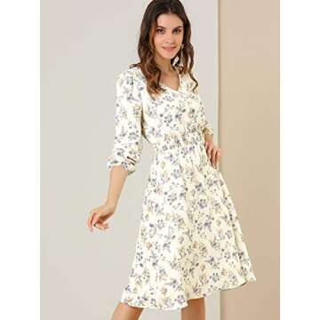 Allegra K Women's Valentine's Day Floral Print V-Neck Dress Smocked Waist Midi Dress Medium White