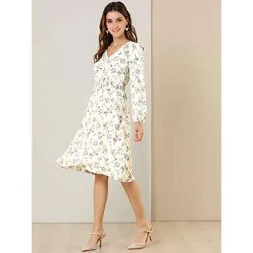 Allegra K Women's Valentine's Day Floral Print V-Neck Dress Smocked Waist Midi Dress Medium White