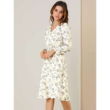 Allegra K Women's Valentine's Day Floral Print V-Neck Dress Smocked Waist Midi Dress Medium White