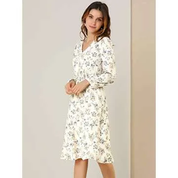Allegra K Women's Valentine's Day Floral Print V-Neck Dress Smocked Waist Midi Dress Medium White