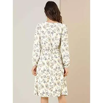 Allegra K Women's Valentine's Day Floral Print V-Neck Dress Smocked Waist Midi Dress Medium White