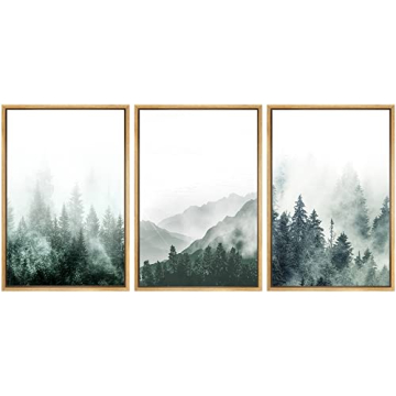 SIGNWIN Framed Canvas Print Wall Art Woodland Nursery Decor Set Misty Green Mountain Forest Valley N...