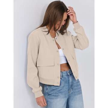 ANRABESS Womens Bomber Jacket Button Cropped Casual Varsity Jackets Shackets Fall Trendy Fashion Travel Outfits with Pockets Light Almond L