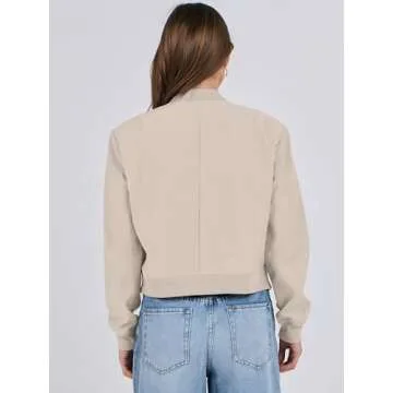 ANRABESS Womens Bomber Jacket Button Cropped Casual Varsity Jackets Shackets Fall Trendy Fashion Travel Outfits with Pockets Light Almond L