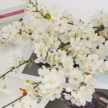 obbsie 4pcs Artificial Cherry Blossom Flower Branches, 39.4" Fake Silk Pink Cherry Blossom Tree Stems Faux Cherry Flowers Vase Arrangements for Home Wedding Table Centerpieces Vase DIY Decor, White