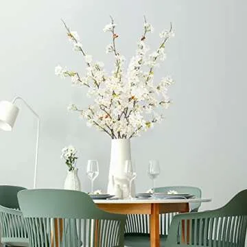 obbsie 4pcs Artificial Cherry Blossom Flower Branches, 39.4" Fake Silk Pink Cherry Blossom Tree Stems Faux Cherry Flowers Vase Arrangements for Home Wedding Table Centerpieces Vase DIY Decor, White