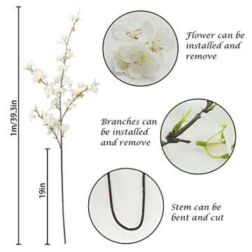 obbsie 4pcs Artificial Cherry Blossom Flower Branches, 39.4" Fake Silk Pink Cherry Blossom Tree Stems Faux Cherry Flowers Vase Arrangements for Home Wedding Table Centerpieces Vase DIY Decor, White