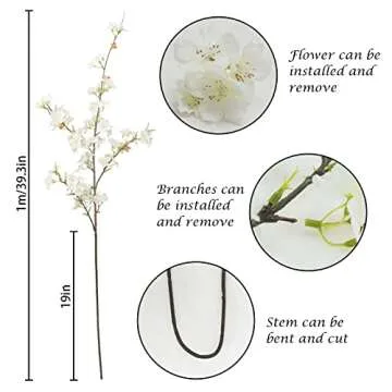 obbsie 4pcs Artificial Cherry Blossom Flower Branches, 39.4" Fake Silk Pink Cherry Blossom Tree Stems Faux Cherry Flowers Vase Arrangements for Home Wedding Table Centerpieces Vase DIY Decor, White
