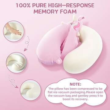 Kids Neck Pillow, Unicorn Kids Travel Pillow, Toddler Neck Pillow for Traveling with Eye Mask, Travel Essentials for Road Trip Airplane Car Seat, Cute Headrest Memory Foam Pillow for Gift (Pink)