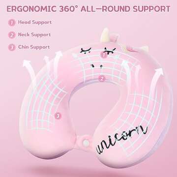 Kids Neck Pillow, Unicorn Kids Travel Pillow, Toddler Neck Pillow for Traveling with Eye Mask, Travel Essentials for Road Trip Airplane Car Seat, Cute Headrest Memory Foam Pillow for Gift (Pink)