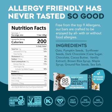 88 Acres Granola Bars | Dark Chocolate Sea Salt | Gluten Free, Nut-Free Oat and Seed Snack Bar | Vegan & Non GMO | 12 Pack
