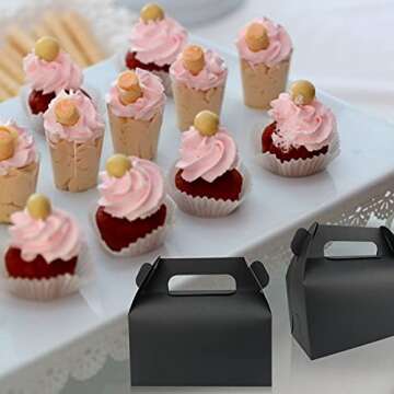 Gbateri 25 Pack Treat Boxes Candy Gift Boxes Gable Boxes Party Favour Boxes Small Black Goodie Boxes Party Boxes Cookie Box Bakery Favor Boxes with Handle and Stickers for Wedding Birthday Party