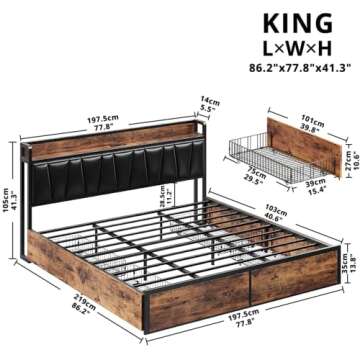 LIKIMIO King Bed Frame with 4 Storage Drawers, Platform Bed with Charged Headboard, Sturdy and Stabl...