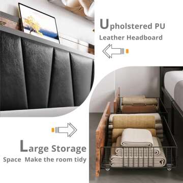 LIKIMIO King Bed Frame with 4 Storage Drawers, Platform Bed with Charged Headboard, Sturdy and Stable, No Noise, No Box Spring Needed, Easy to Install, Vintage Brown and Black