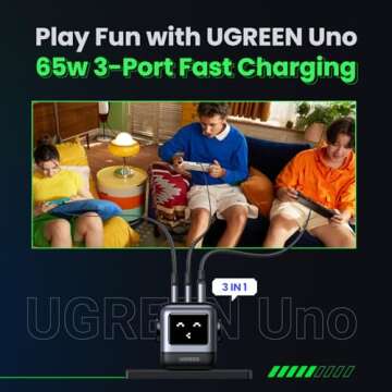 UGREEN Uno Charger 65W USB C Charger Nexode 3-Port GaN Charger Compact Fast USB C Power Adapter for MacBook Pro/Air, XPS 13, Note 20/10+, iPhone 16 Pro, Galaxy S24/S23, Steam Deck, ROG Ally(Black)