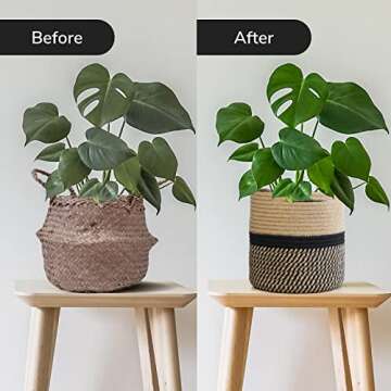TIMEYARD Sturdy Jute Rope Plant Basket Modern Woven Basket up to 7.5 Inch Flower Pot Floor Indoor Planters, 8” x 8” Storage Organizer Baskets Rustic Home Decor, Black Stripes