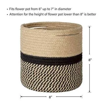 TIMEYARD Sturdy Jute Rope Plant Basket Modern Woven Basket up to 7.5 Inch Flower Pot Floor Indoor Planters, 8” x 8” Storage Organizer Baskets Rustic Home Decor, Black Stripes