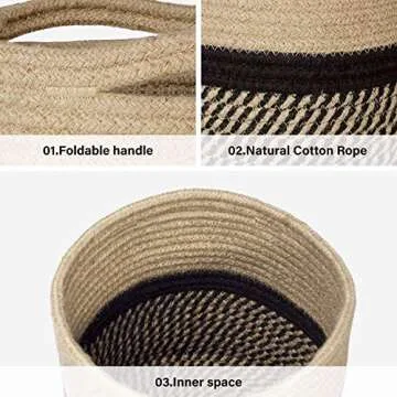 TIMEYARD Sturdy Jute Rope Plant Basket Modern Woven Basket up to 7.5 Inch Flower Pot Floor Indoor Planters, 8” x 8” Storage Organizer Baskets Rustic Home Decor, Black Stripes