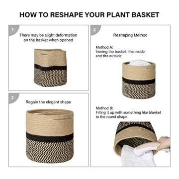 TIMEYARD Sturdy Jute Rope Plant Basket Modern Woven Basket up to 7.5 Inch Flower Pot Floor Indoor Planters, 8” x 8” Storage Organizer Baskets Rustic Home Decor, Black Stripes