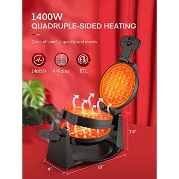 Waffle Maker, 1400W Double Belgian Waffle Iron 180° Flip, 8 Slices in 3 Mins, Rotating & Nonstick Plates, Anti-Scald, Removable Drip Tray Easy to Clean, Cool Touch Handle, Space-Saving Storage(Black)