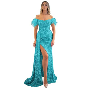 Dazzling Feather Sequin Prom Dress Off Shoulder Evening Gown Mermaid Cocktail Dress with Slit Aqua Q...