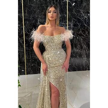 Stylish Feather Sequin Prom Dress Off Shoulder Gown