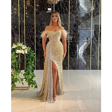 Stylish Feather Sequin Prom Dress Off Shoulder Gown