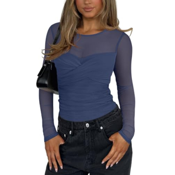 REORIA Women's Fall Sexy Round Neck Front Twist Knot Long Sleeve Sheer Mesh Slimming Ruched Trendy G...