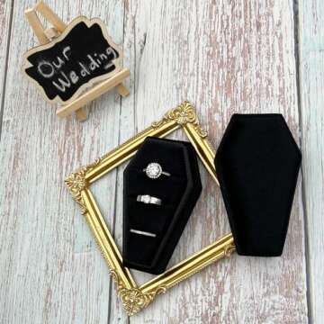 Beatilog Gothic Coffin Ring Box 3 Slots - Premium Handmade Velvet Wedding Engagement Three Rings Bearer Holder Triple Vintage Proposal Organizer for Ceremony Halloween Christmas Goth Party (Black)