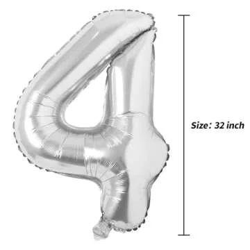 32 inch Letter Balloons Silver Alphabet Number Balloons Foil Mylar Party Wedding Bachelorette Birthday Bridal Shower Graduation Anniversary Celebration Decoration (32 INCH Silver 4)