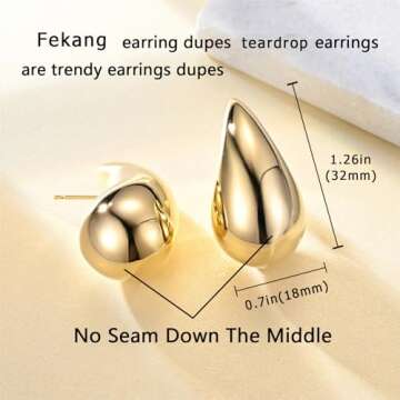 Fekang Teardrop Earrings Chunky Gold Hoop Earrings for Women Trendy Lightweight Earrings Hypoallergenic 18K Real Gold Plated Fashion Jewelry for Women