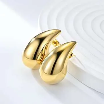 Fekang Teardrop Earrings Chunky Gold Hoop Earrings for Women Trendy Lightweight Earrings Hypoallergenic 18K Real Gold Plated Fashion Jewelry for Women
