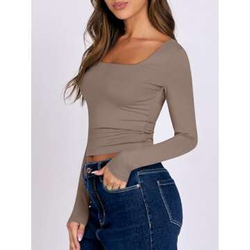 ANRABESS Women Double Lined Long Sleeve Crop Tops Shirts Square Neck Tight Fitted Going Out T-Shirt Basic Tee Outfits 2025 Khaki Medium