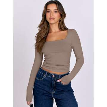 ANRABESS Women Double Lined Long Sleeve Crop Tops Shirts Square Neck Tight Fitted Going Out T-Shirt Basic Tee Outfits 2025 Khaki Medium