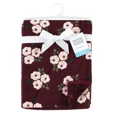 Hudson Baby Unisex Baby Plush Blanket with Furry Binding and Back, Burgundy Floral, One Size