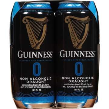 [Pack of 4] Guinness Irish Dry Stout Draught Non-Alcoholic NA Beer, Malt Beverage w/Natural Flavors- 14.9 Fl Oz