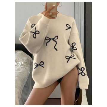 SOLY HUX Bow Print Oversized Sweater for Women