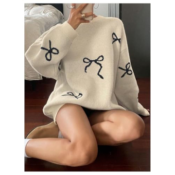 SOLY HUX Bow Print Oversized Sweater for Women