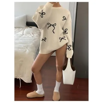 SOLY HUX Bow Print Oversized Sweater for Women